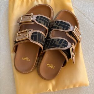 Fendi Tan and Black Buckle Sandals